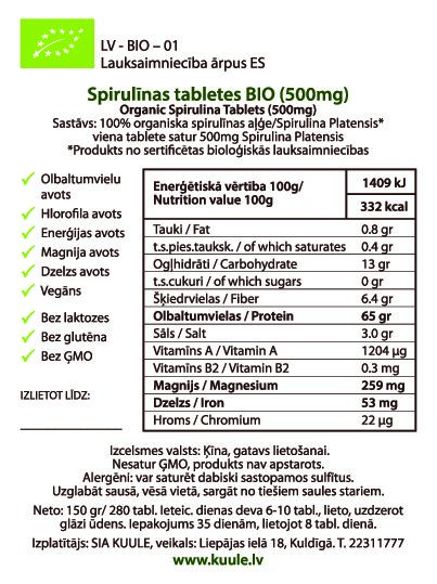 KOMPLEKTS spirulīna, hlorella, kviešu asni BIO