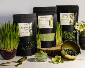 KOMPLEKTS spirulīna, hlorella, kviešu asni BIO